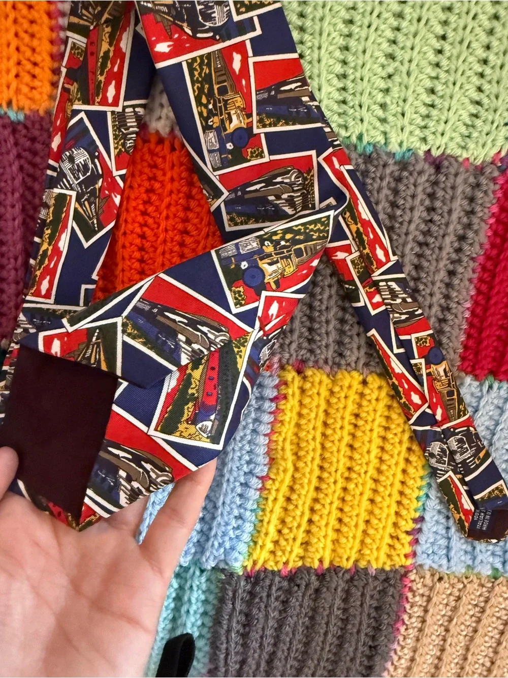 Vintage trains silk Navy Tie with Red, Yellow, Green and Cream Postcard Motif